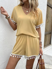 Tassel Two piece Set V Neck Short Sleeve T shirt & Wide Leg Shorts