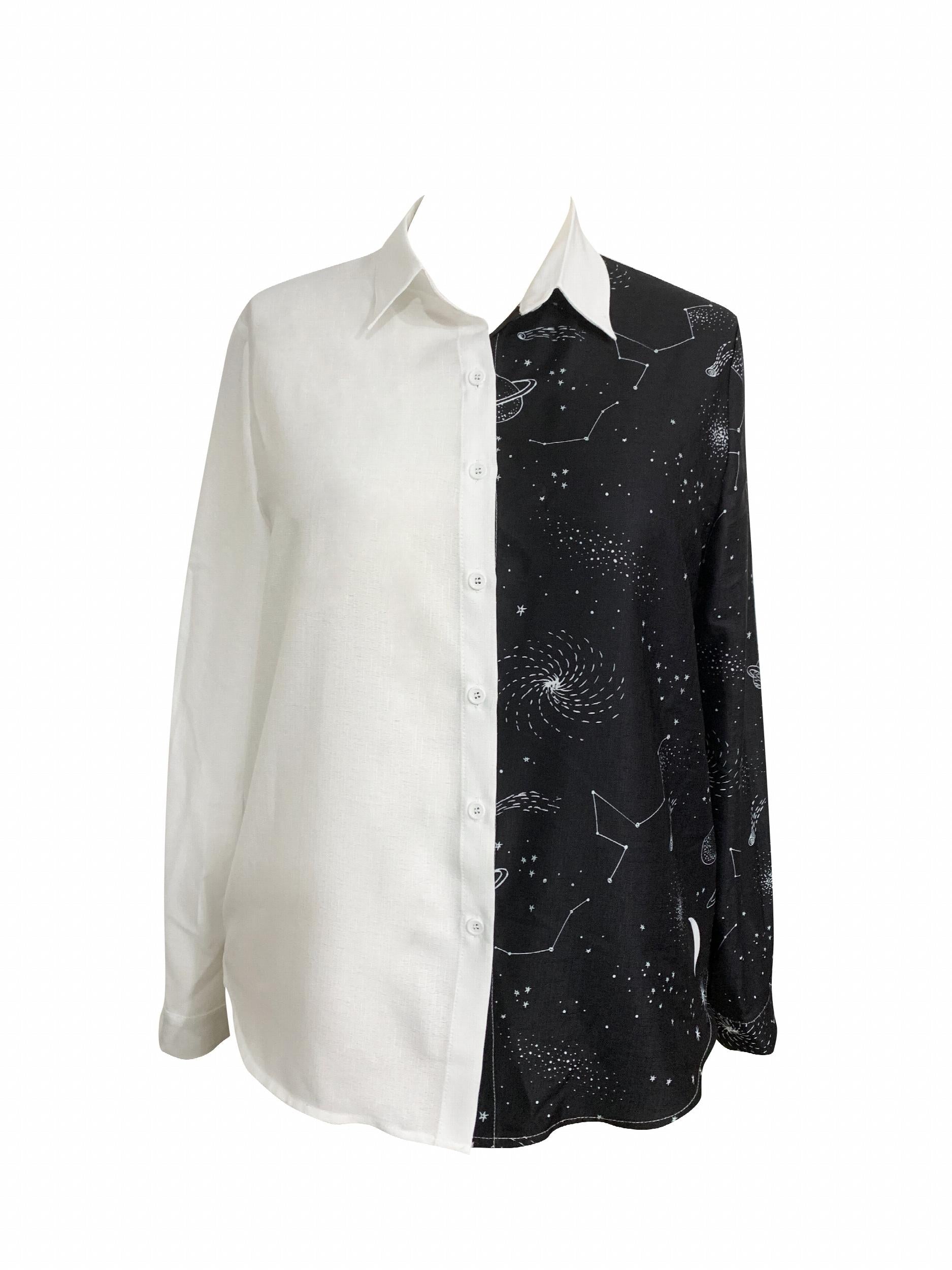  Colorblock Galaxy Print Long Sleeve Button Up Shirt