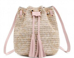 Double Tassel Bucket Bag Straw Crossbody