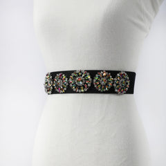 Rhinestone Flower Wide Belt Elastic Waistband for Women