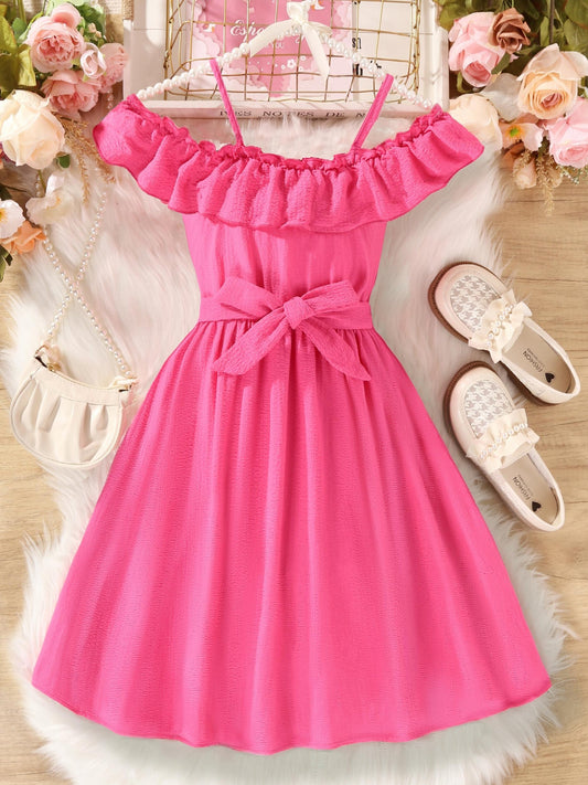 Girls' Ruffle Off Shoulder Tunic Dress With Belt Kid Girl's Casual Dresses