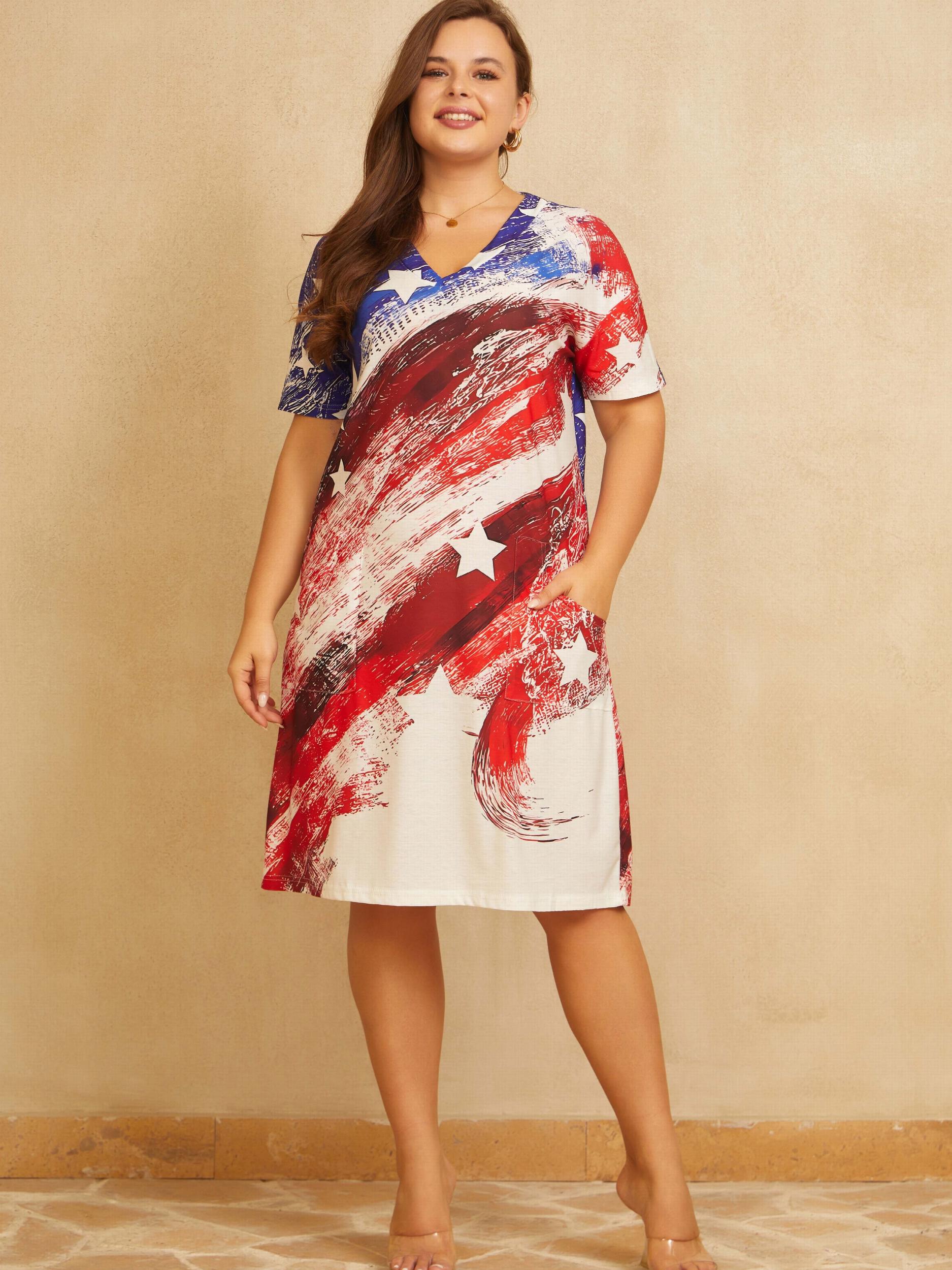 Colorblock Geometric Print Short Sleeve Dress with Pockets