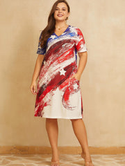  Colorblock Geometric Print Short Sleeve Dress with Pockets