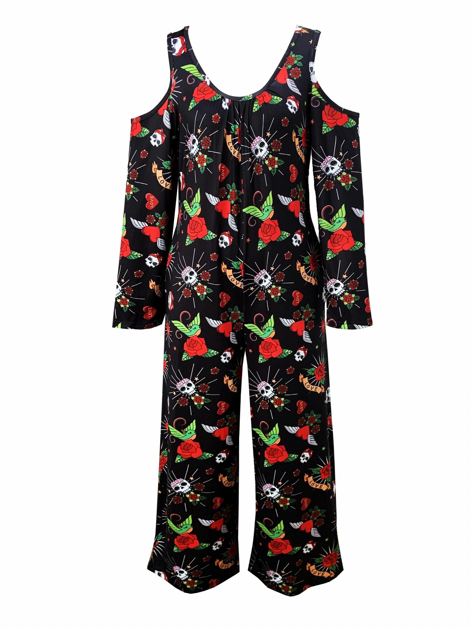  Skull & Floral Print Cold Shoulder Jumpsuit