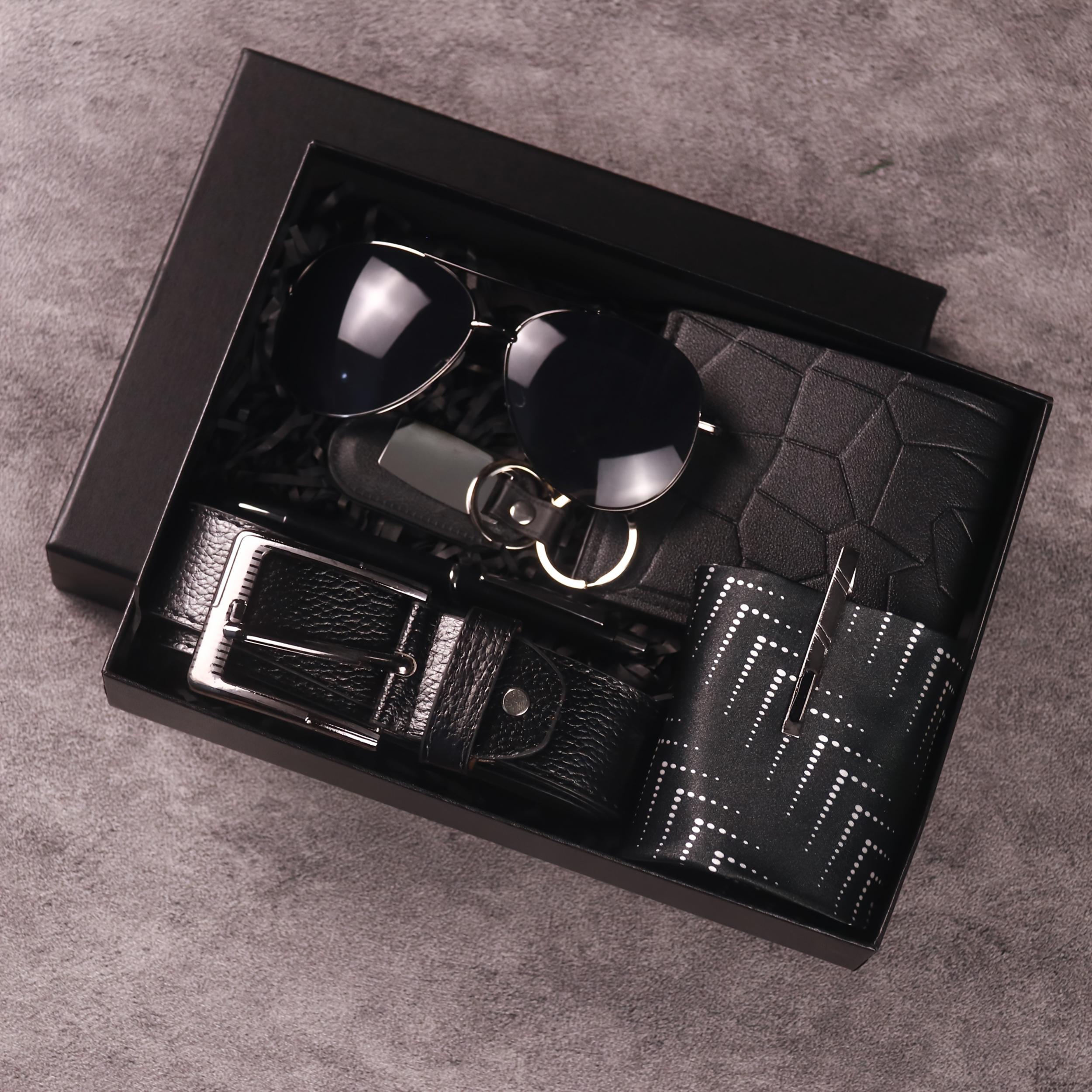 7pcs Men's Gift Set with Box Glasses Wallet Tie Tie Clip Belt