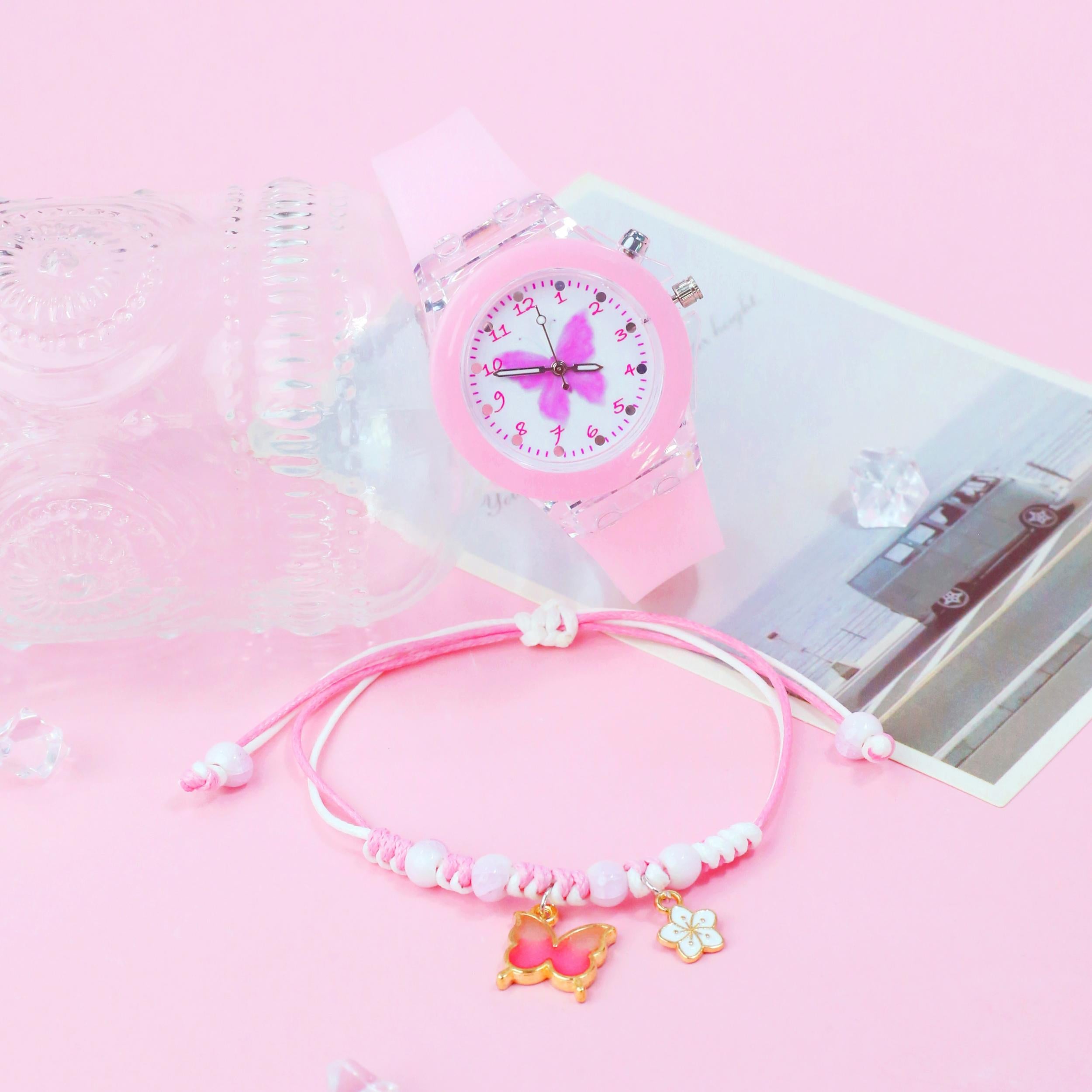 Girls' Sweet Style Glow in Dark Butterfly Watch Set