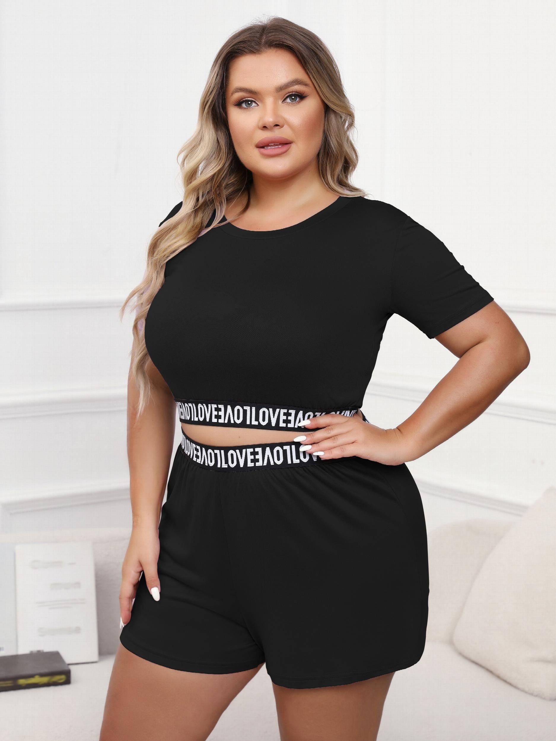  Casual Loungewear Set Solid Letter Tape Crop Top & Shorts
