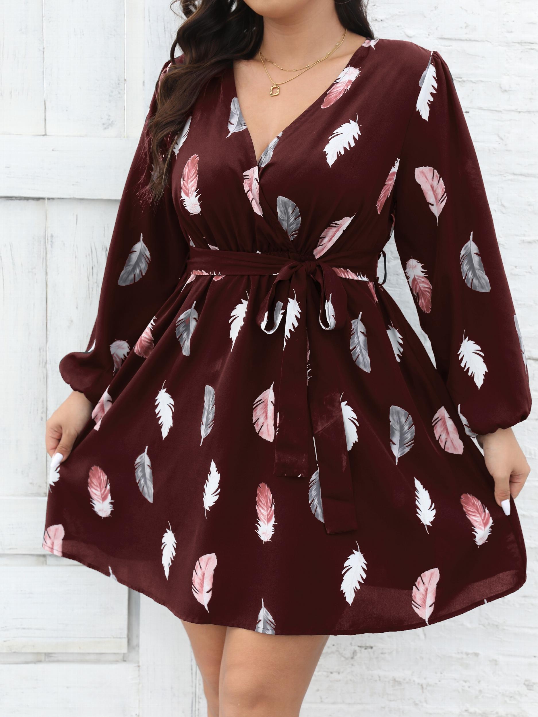 Women's Plus Feather Print Long Sleeve Dress With Belt