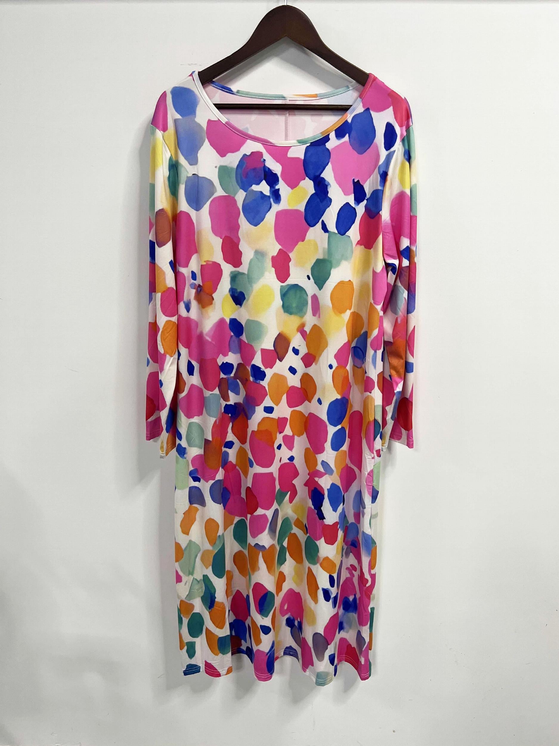  Print Long Sleeve Round Neck Dress