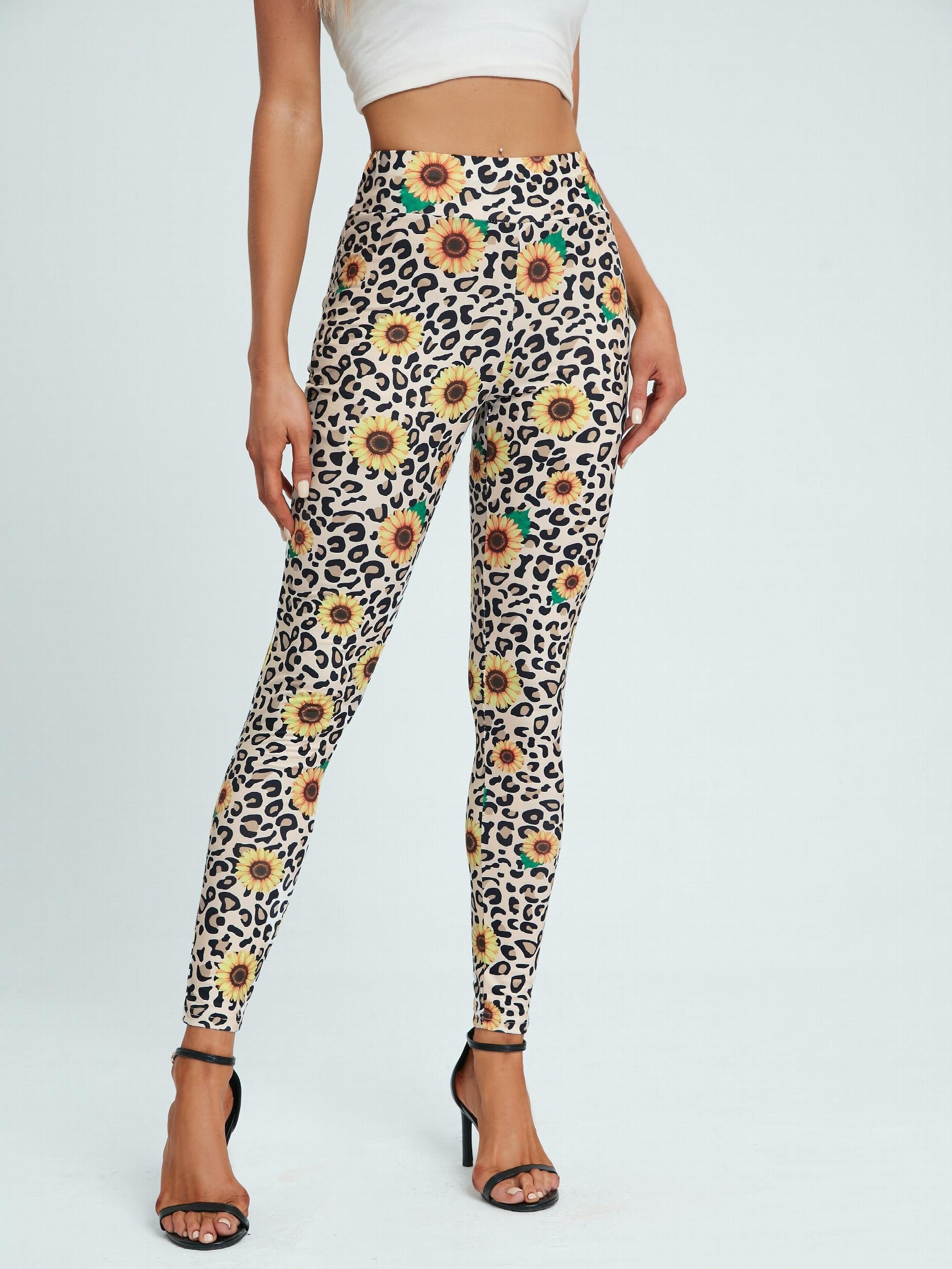 Leopard & Sunflower Print Leggings Stretchy Women's Clothing