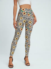 Leopard & Sunflower Print Leggings Stretchy Women's Clothing