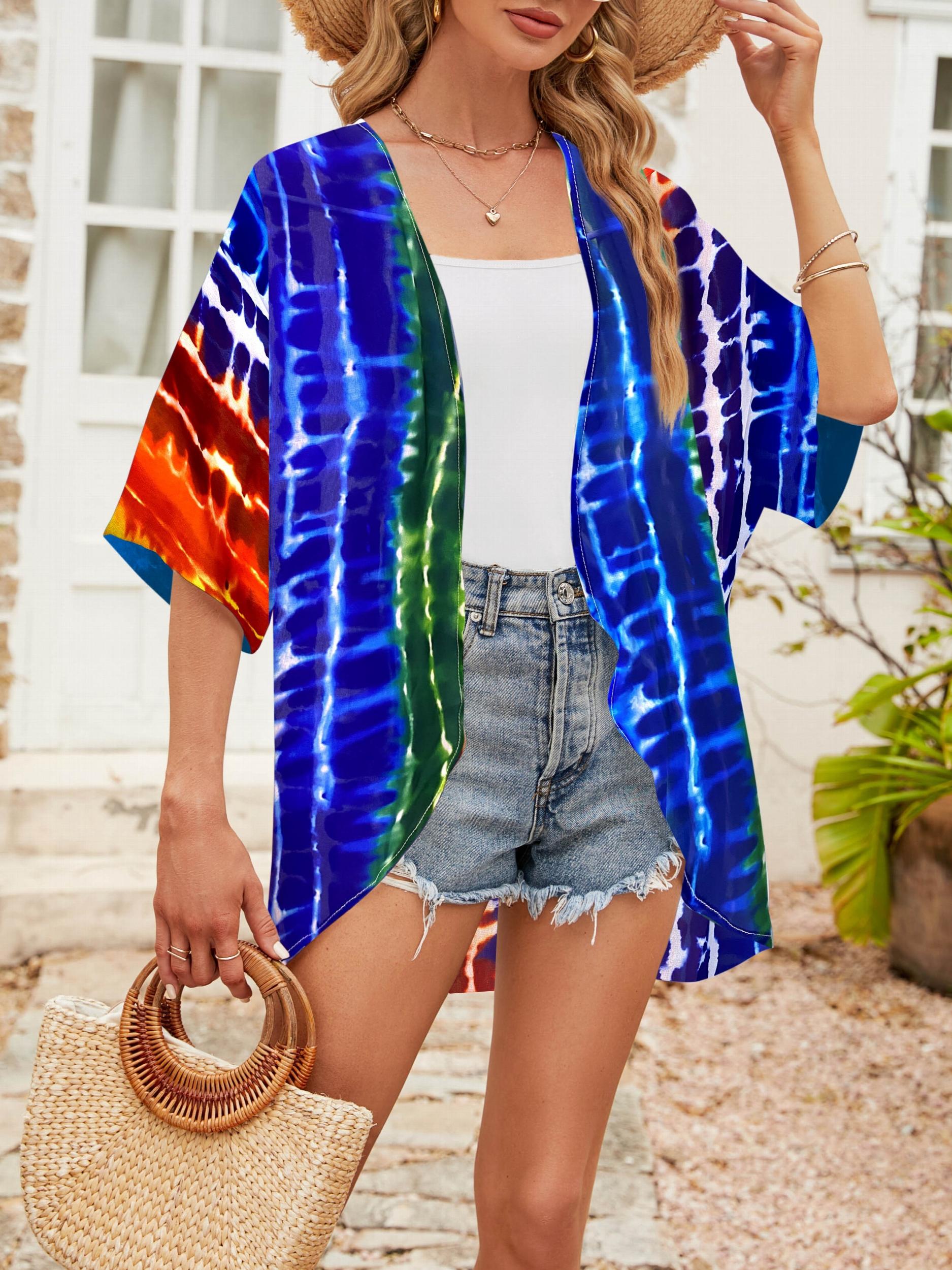 Tie Dye Print Half Sleeve Kimono Cover Up Beach Cardigan