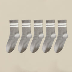 5 Pairs Stripe Print Ribbed Socks Soft Mid Tube Women's Stockings