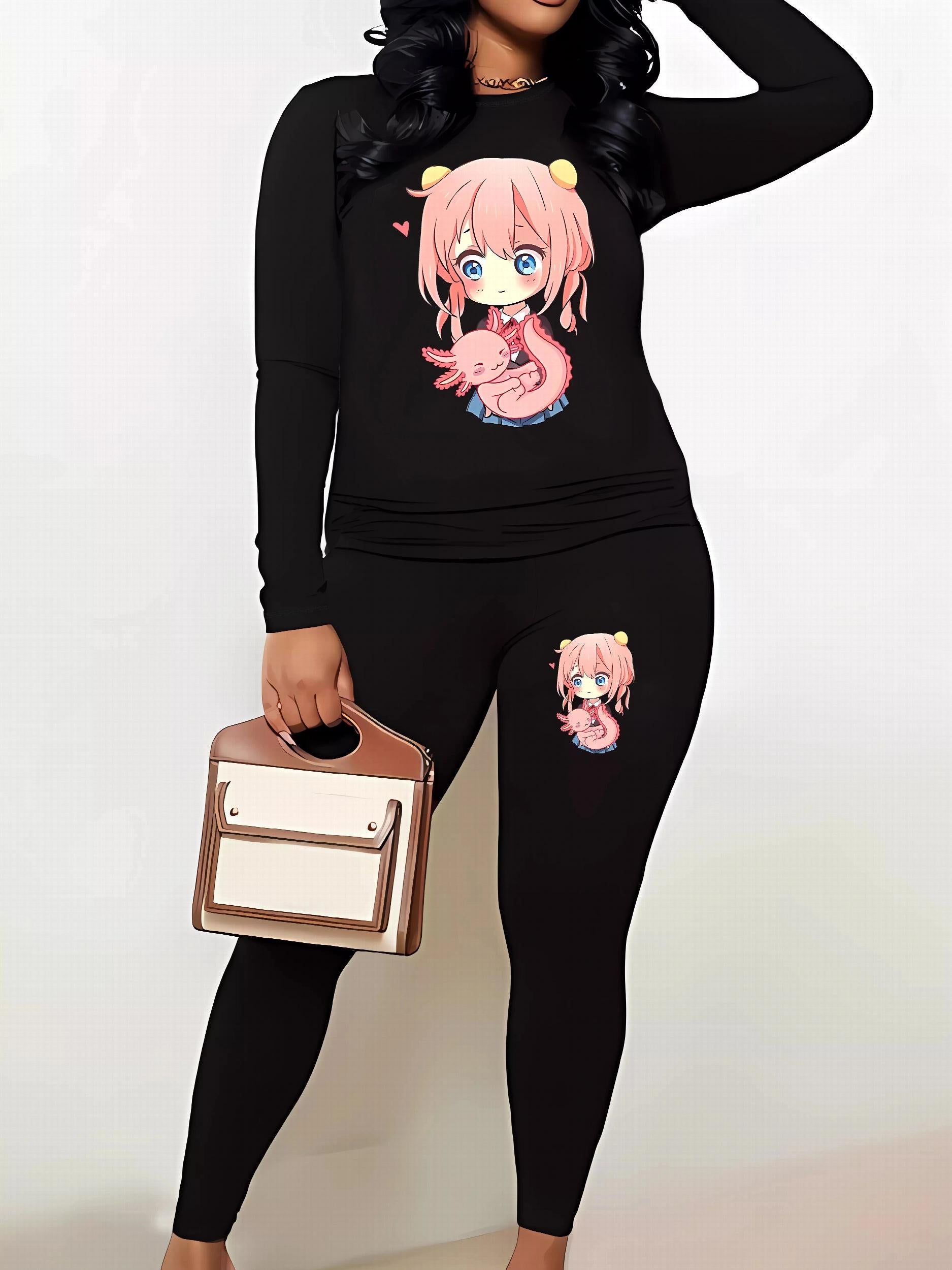  Cartoon Anime Print Top & Leggings 2 Piece Set
