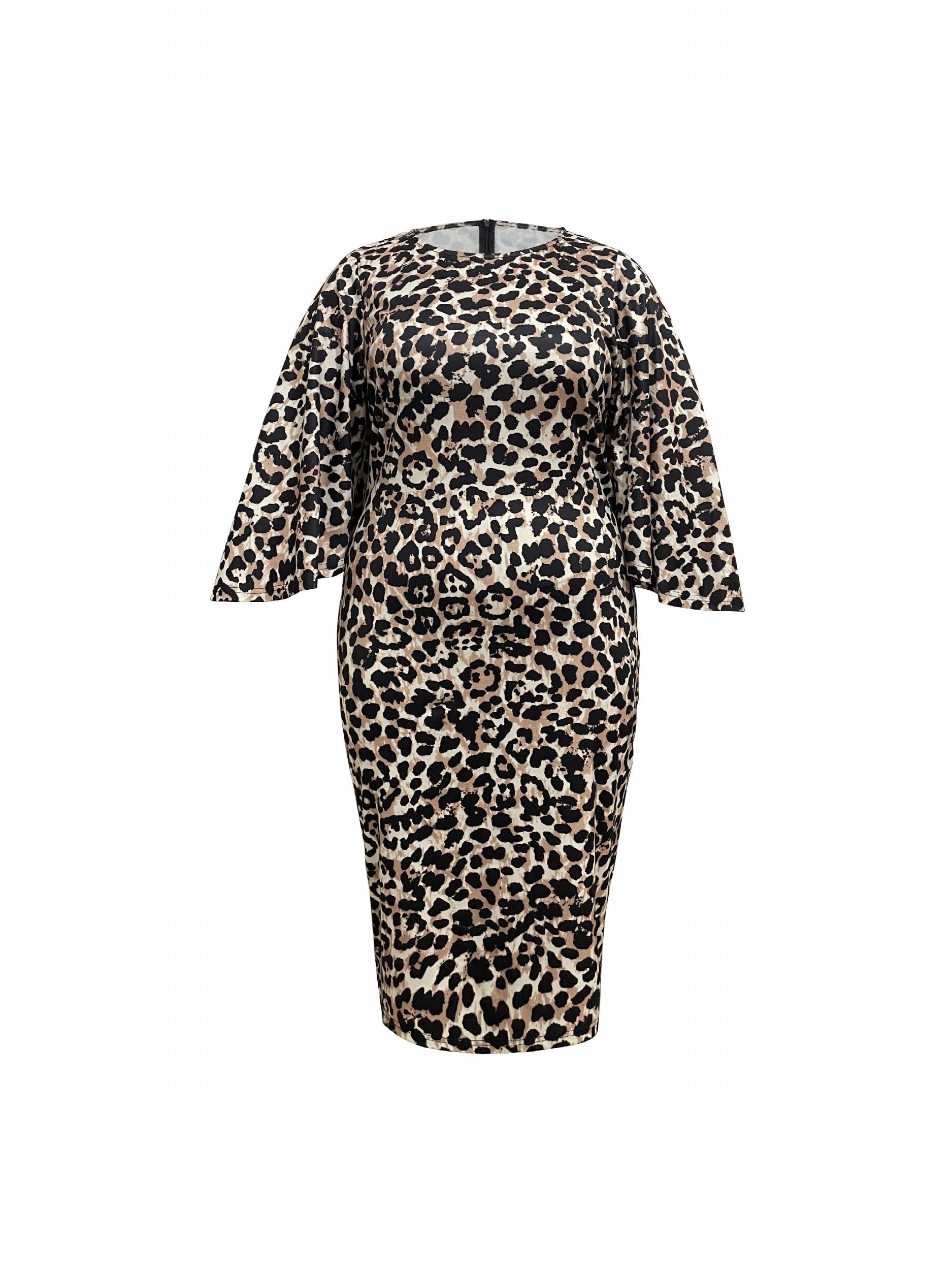 Women's Plus Leopard Print Bell Sleeve Round Neck Slim Fit Dress