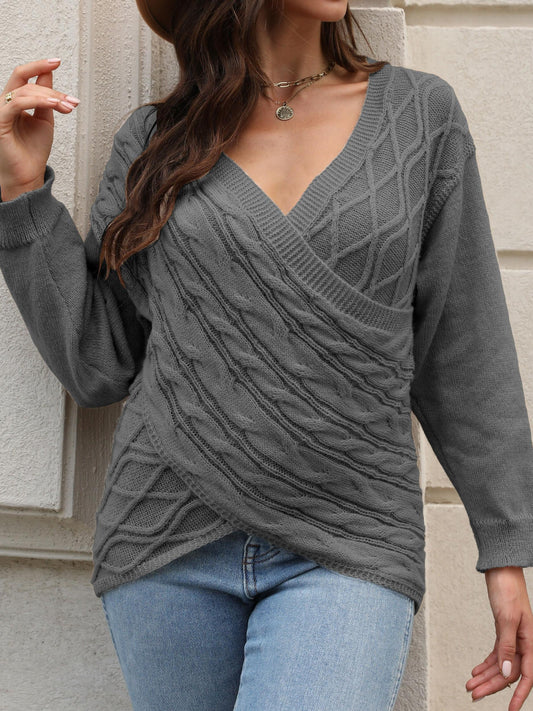  Cable Knit Wrap Cross V Neck Jumper