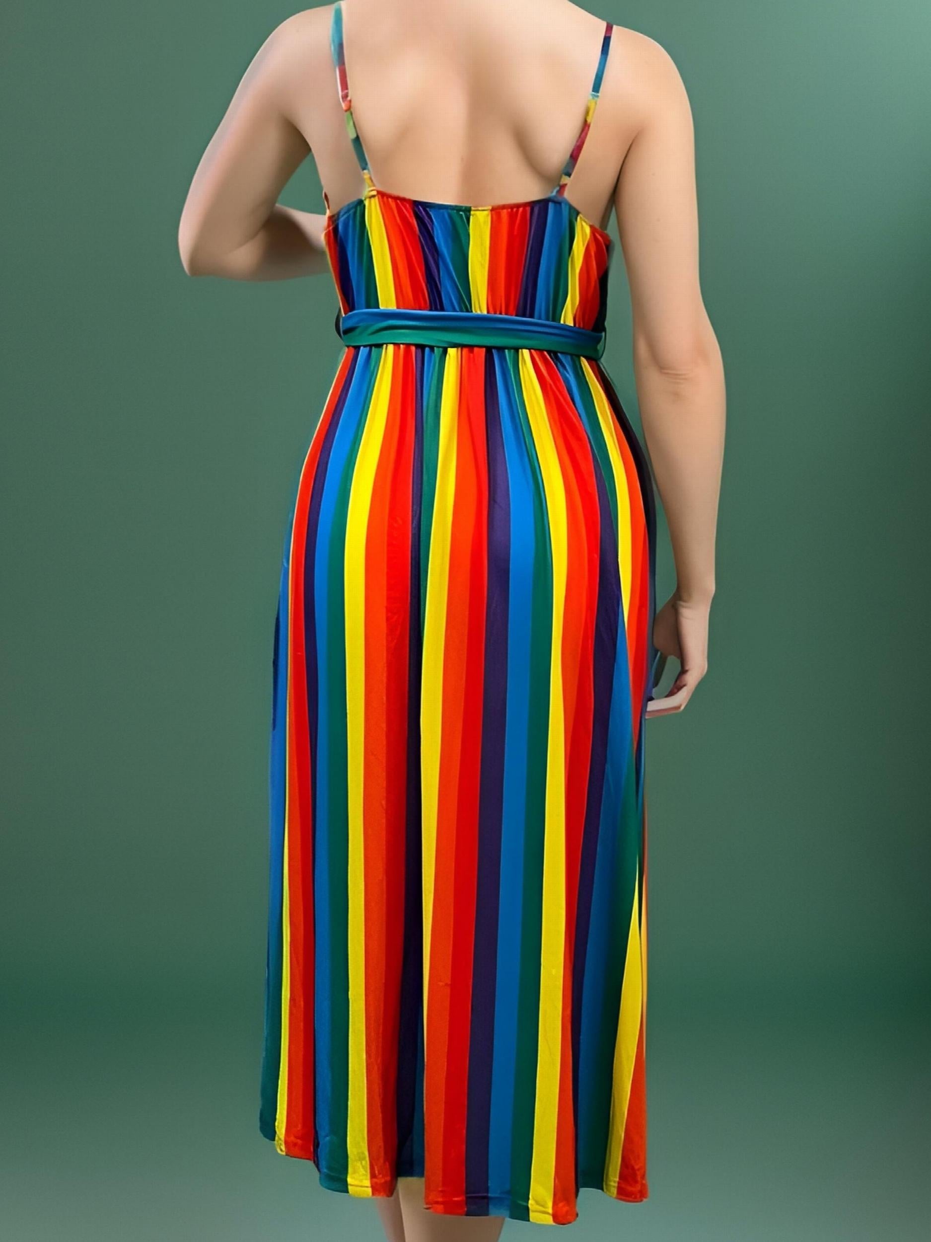  Colorblock Stripe Print Surplice Neck Cami Dress