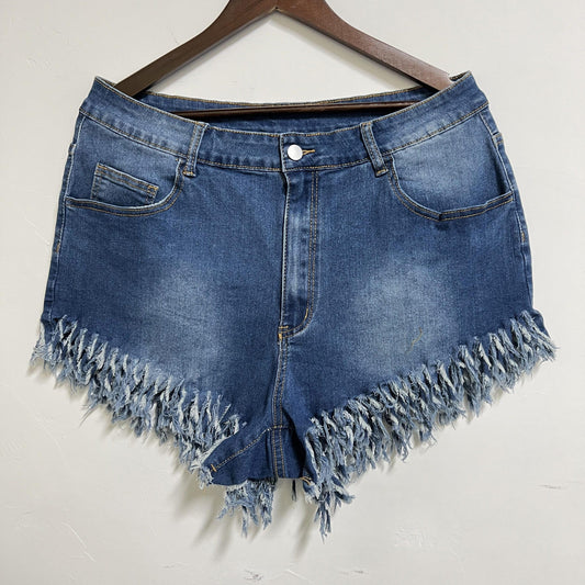  Washed Button Fly Denim Shorts with Fringe Trim