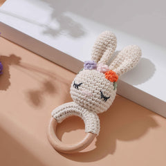 Crocheted Bunny Rattle Toy for Kids with Floral Headband - Soft Nylon Material