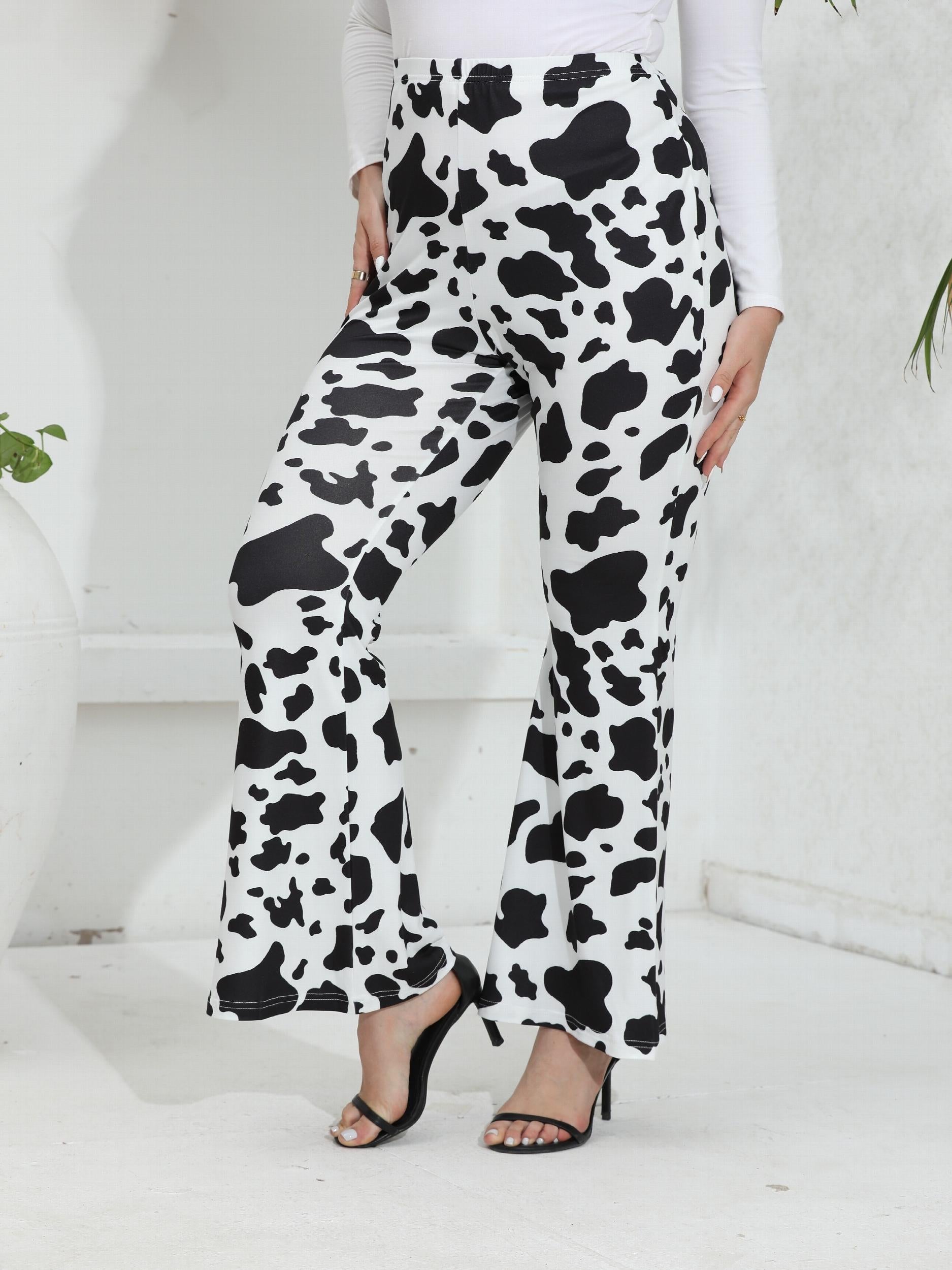  Women's Cow Print Flared Leg High Rise Trousers
