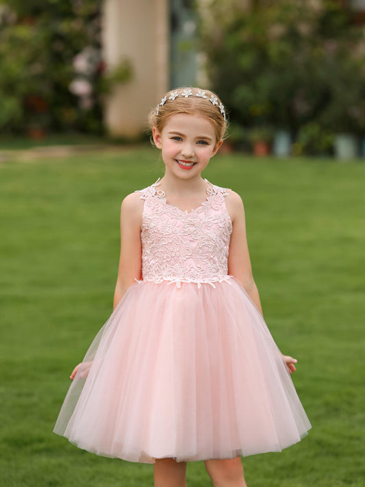 Grace Lace Strappy Sleeveless Tulle Flower Girl Dress for Party Wedding