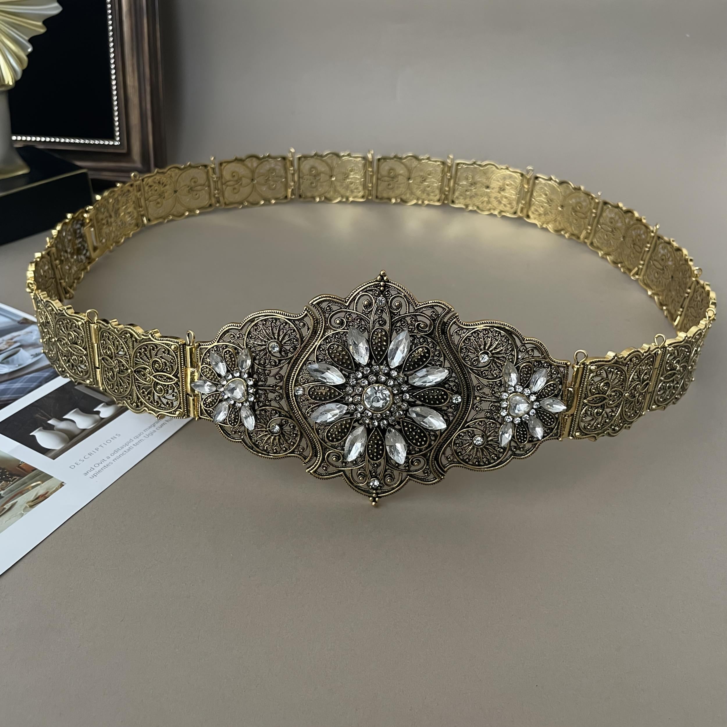 Slavic Women's Belt with Rhinestones and Metal Detail