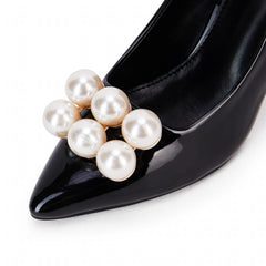 Women's Pearl Chunky High Heels Pointed Toe Slip On Pumps