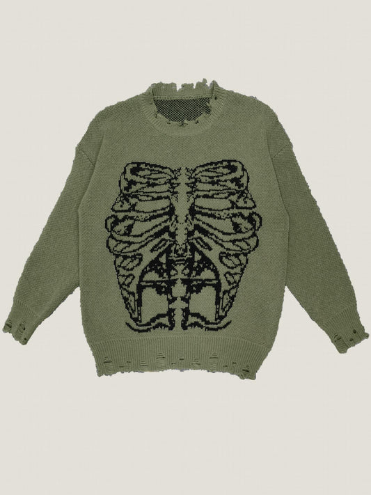  Goth Skeleton Print Ripped Sweater