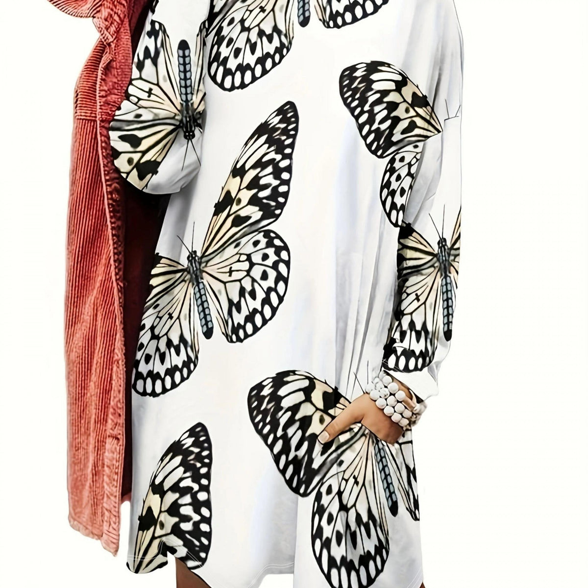  Butterfly Print Long Sleeve Sleep Dress With Pockets