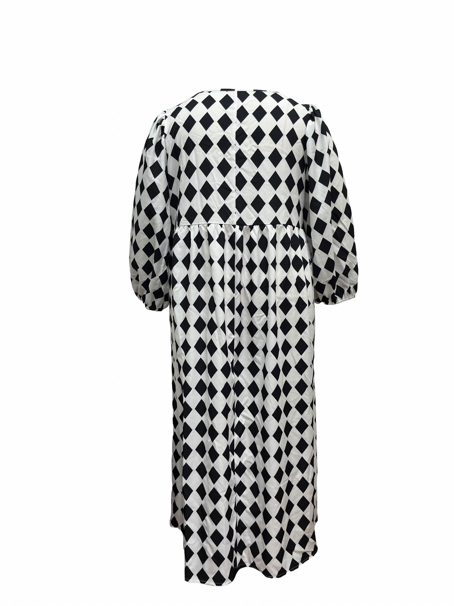  Argyle Print Lantern Sleeve Maxi Dress