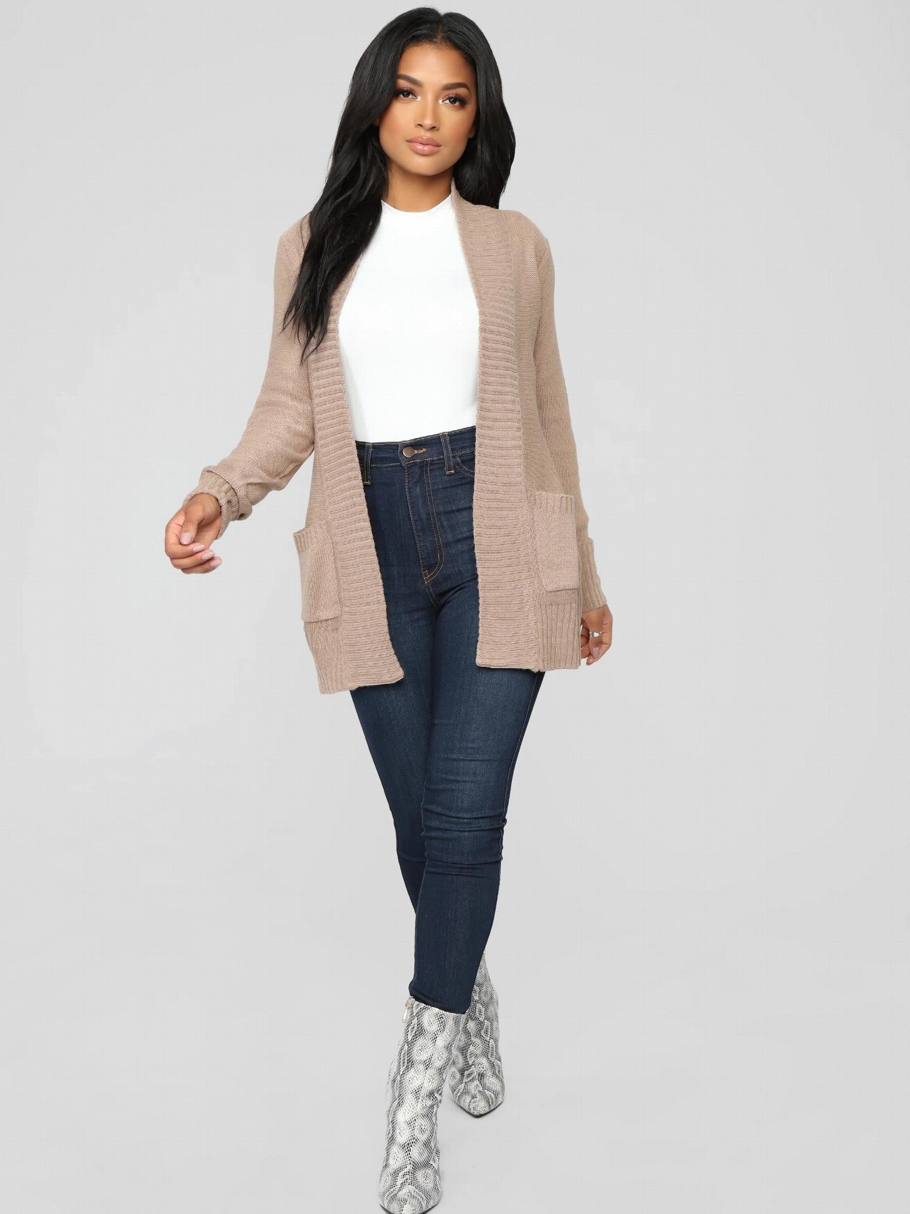  Solid Long Sleeve Open Front Sweater Cardigan With Pockets