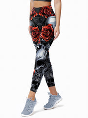Floral & Skull Print Yoga Pants High Stretch Leggings Halloween Activewear