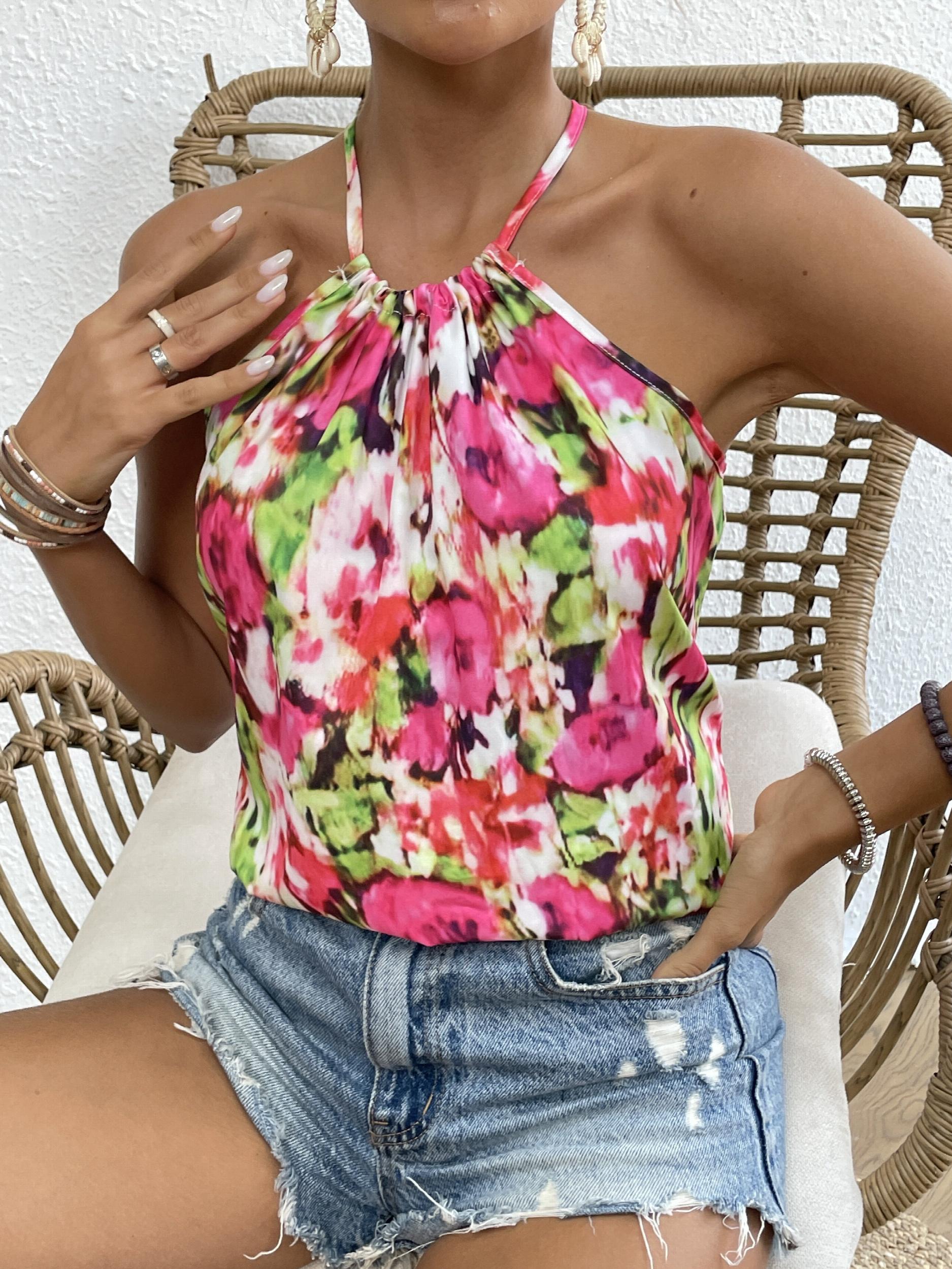 Floral Print Halter Neck Tank Top