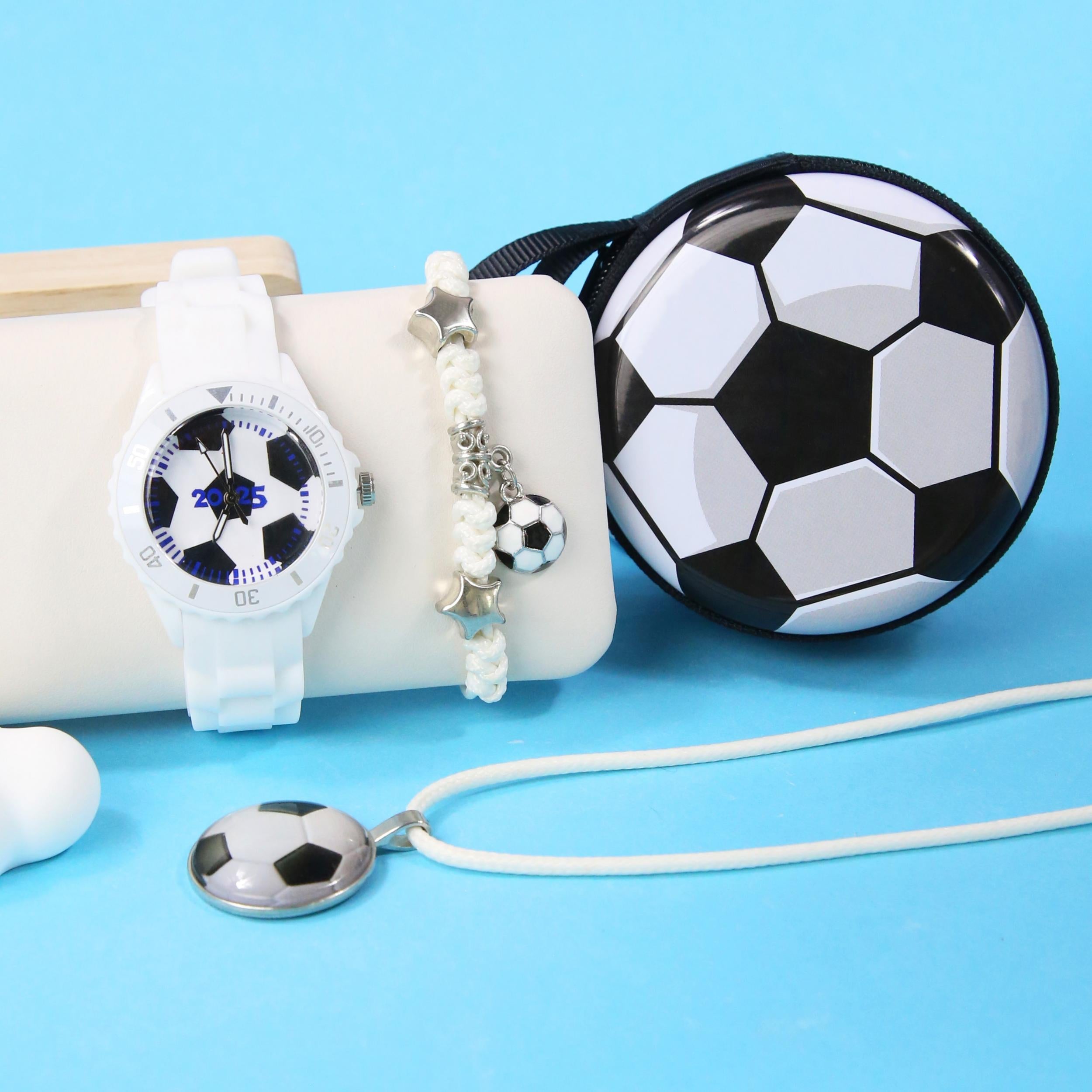 4pcs Football Themed Quartz Watch Set Soccer Necklace Coin Wallet