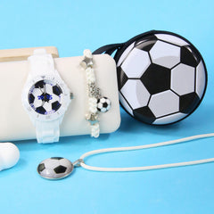 4pcs Football Themed Quartz Watch Set Soccer Necklace Coin Wallet