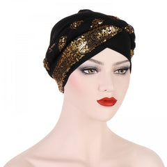 Sequin Pre-tied Turban Cap Crossed Head Wrap Bonnet Solid Beanie Chemo Hats