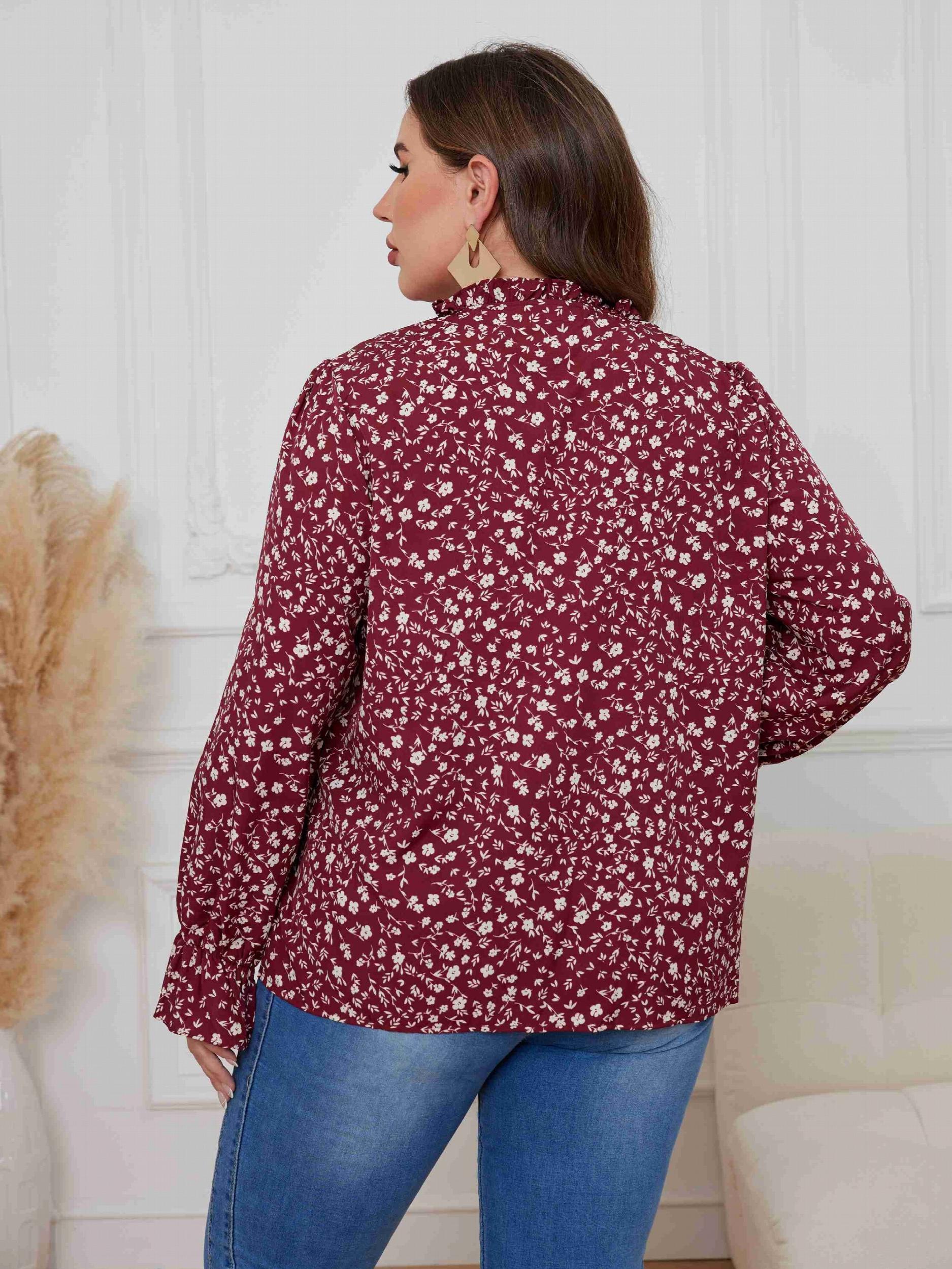  Casual Blouse Women's Plus Ditsy Print Lantern Sleeve V Neck Top