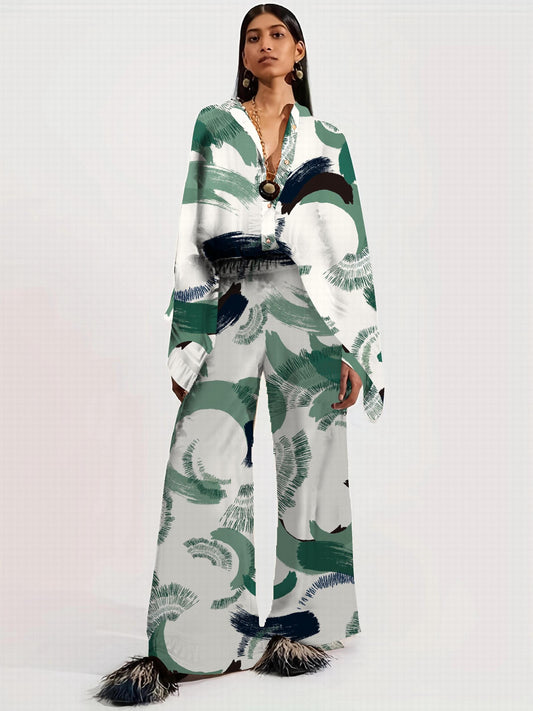 Ethnic Print Two Piece Set Blouse & Pants Outfit