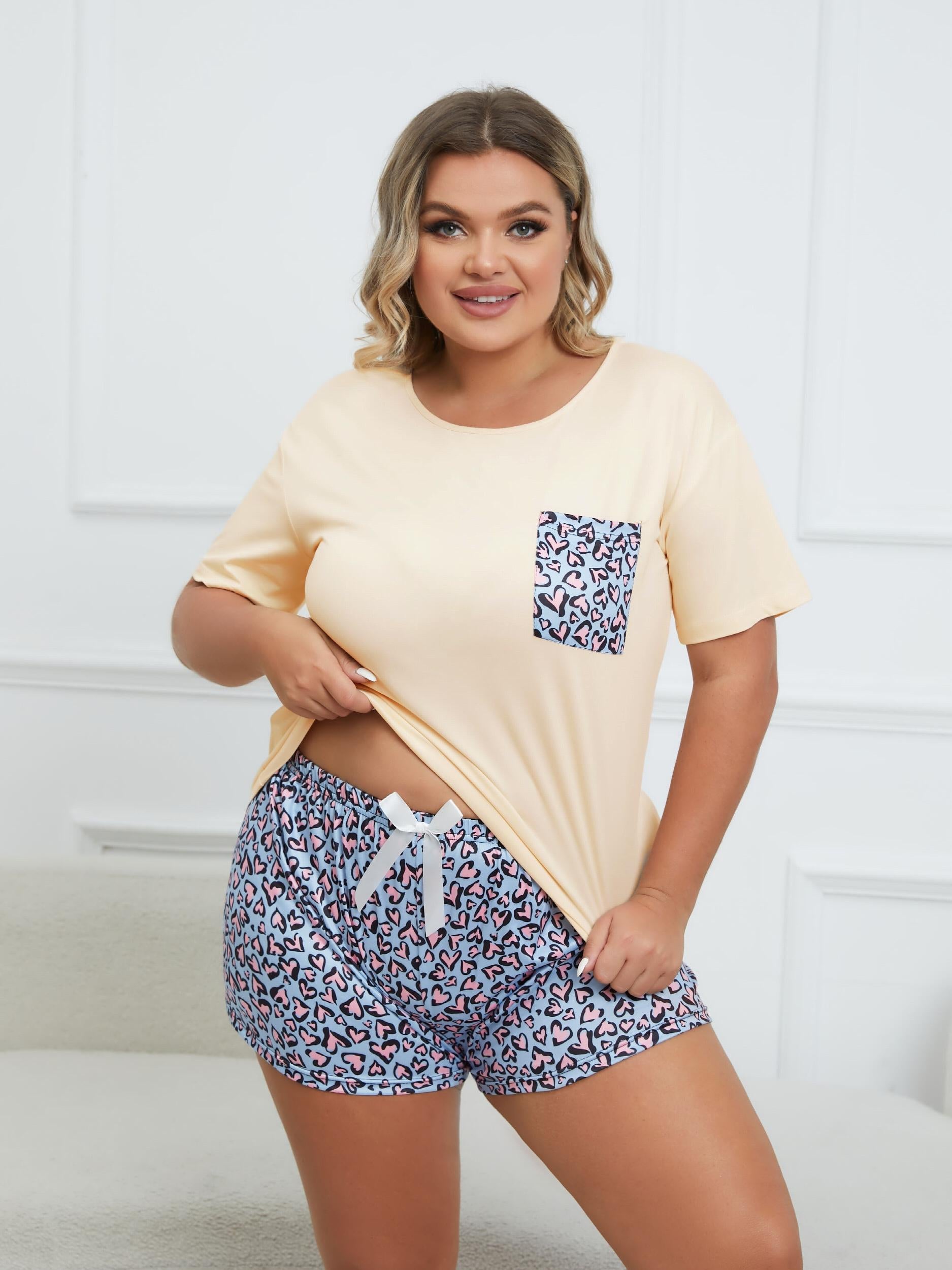 Leopard Print Tee & Bow Knot Shorts Pajama Set