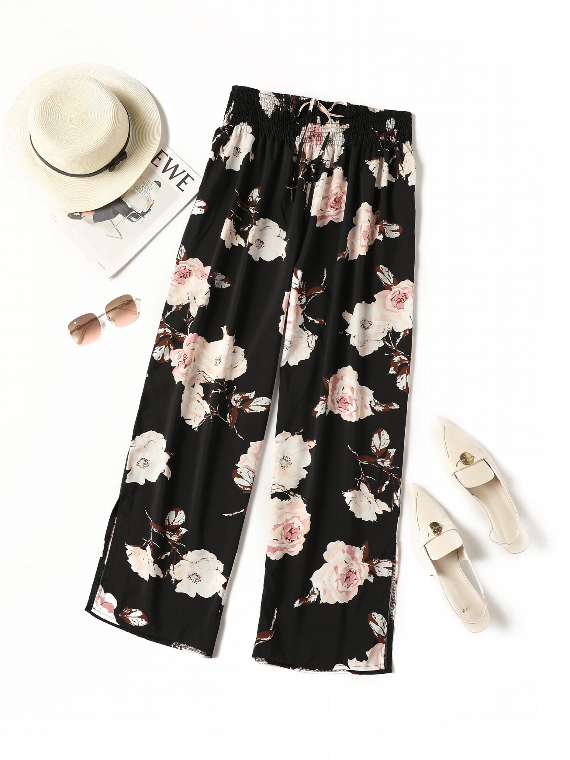 Women's Plus Floral Print Drawstring Wide Leg Pants