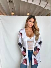 Women's Plus Feather Print Long Sleeve Open Front Cardigan
