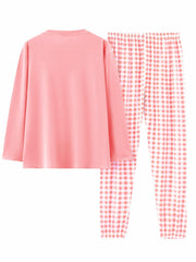  Casual Pajamas Set Long Sleeve Tee & Plaid Pants Loungewear 2pcs