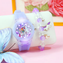 2pcs Girls' Quartz Watch Bracelet Set LED Glow Rainbow Unicorn Beaded Bracelet