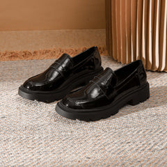 Women's Solid Flat Loafers Patent Leather Slip On Low Thick sole Shoes