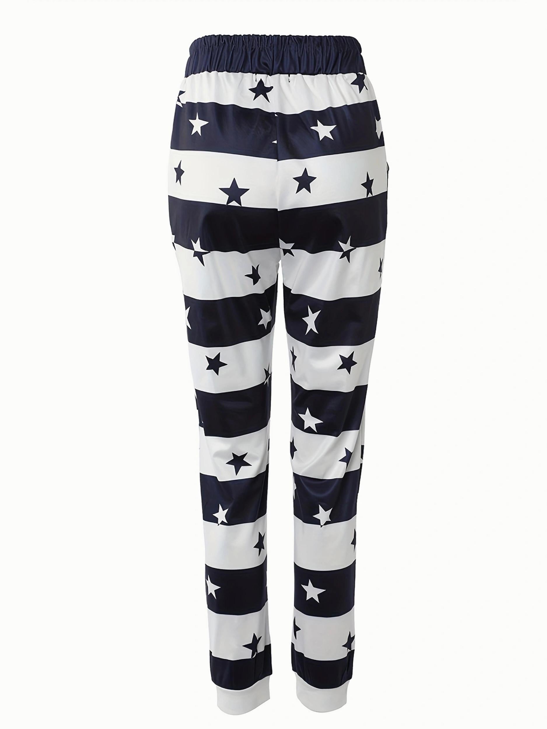 Striped & Star Print Drawstring Pants Women's Casual Pants