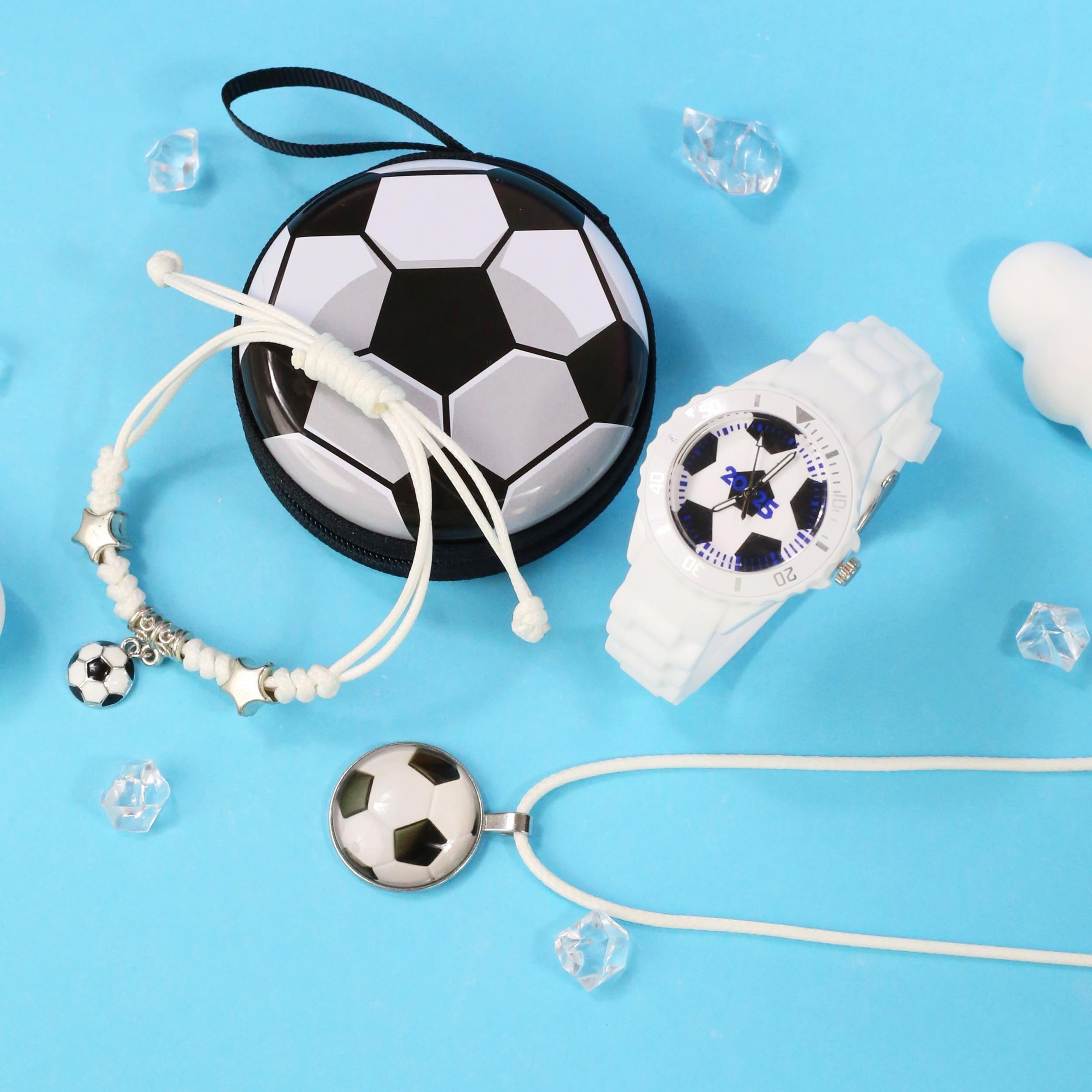 4pcs Football Themed Quartz Watch Set Soccer Necklace Coin Wallet