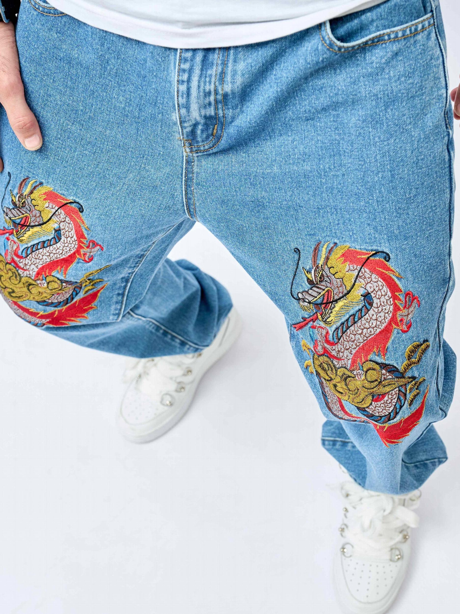 Men's Dragon Pattern Distressed Slim Fit Jeans