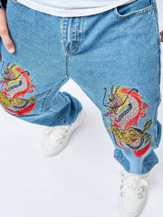 Men's Dragon Pattern Distressed Slim Fit Jeans