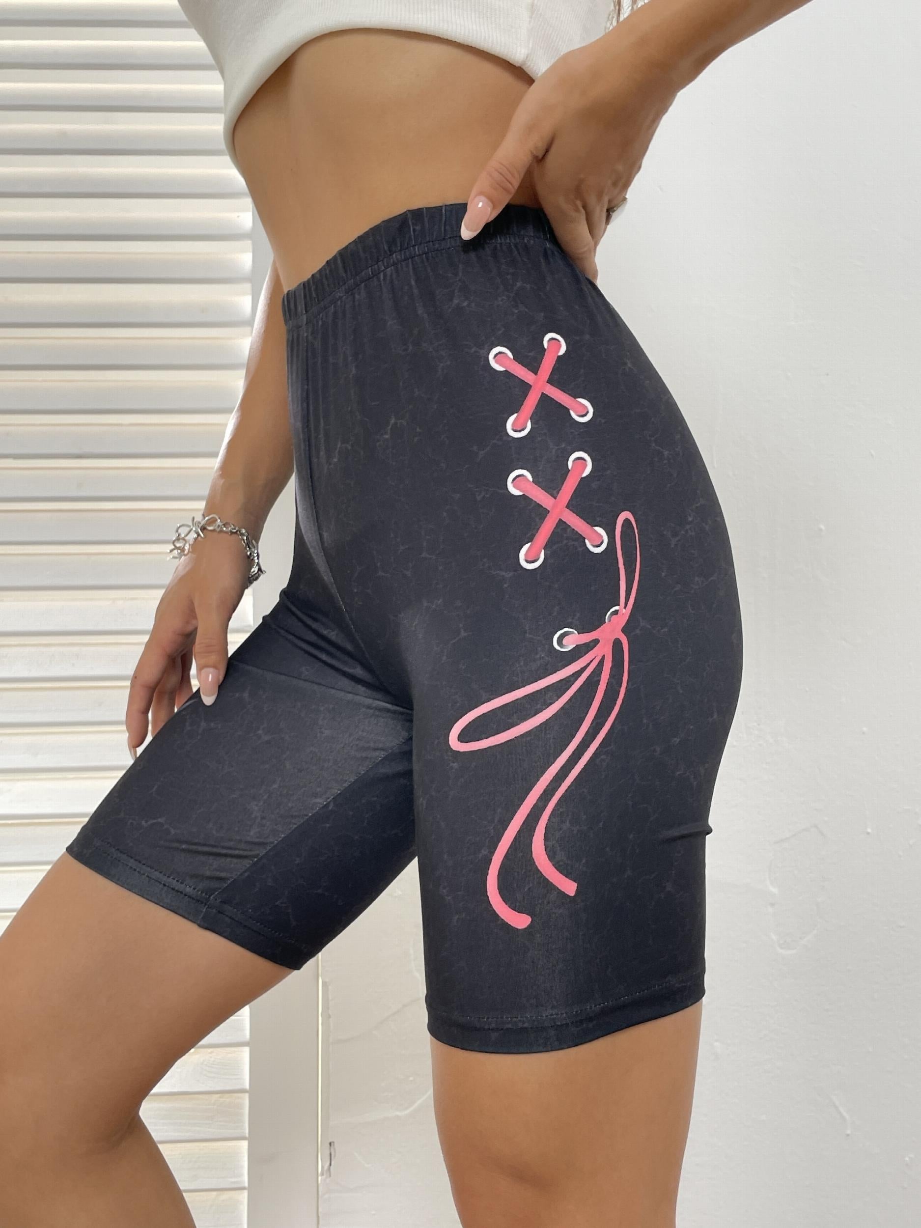 Graphic Print Slim Leggings Elastic Waist Short Length Leggings