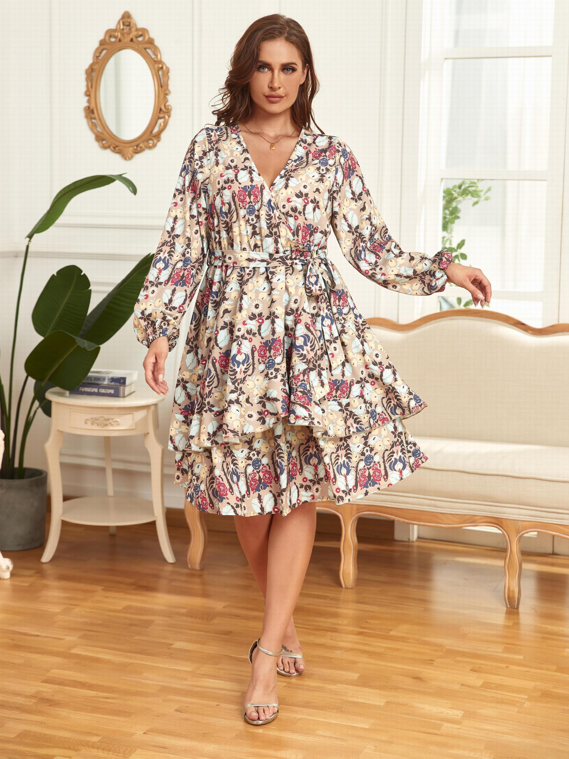 Floral Print Long Sleeve Wrap Dress Belted Plus Size